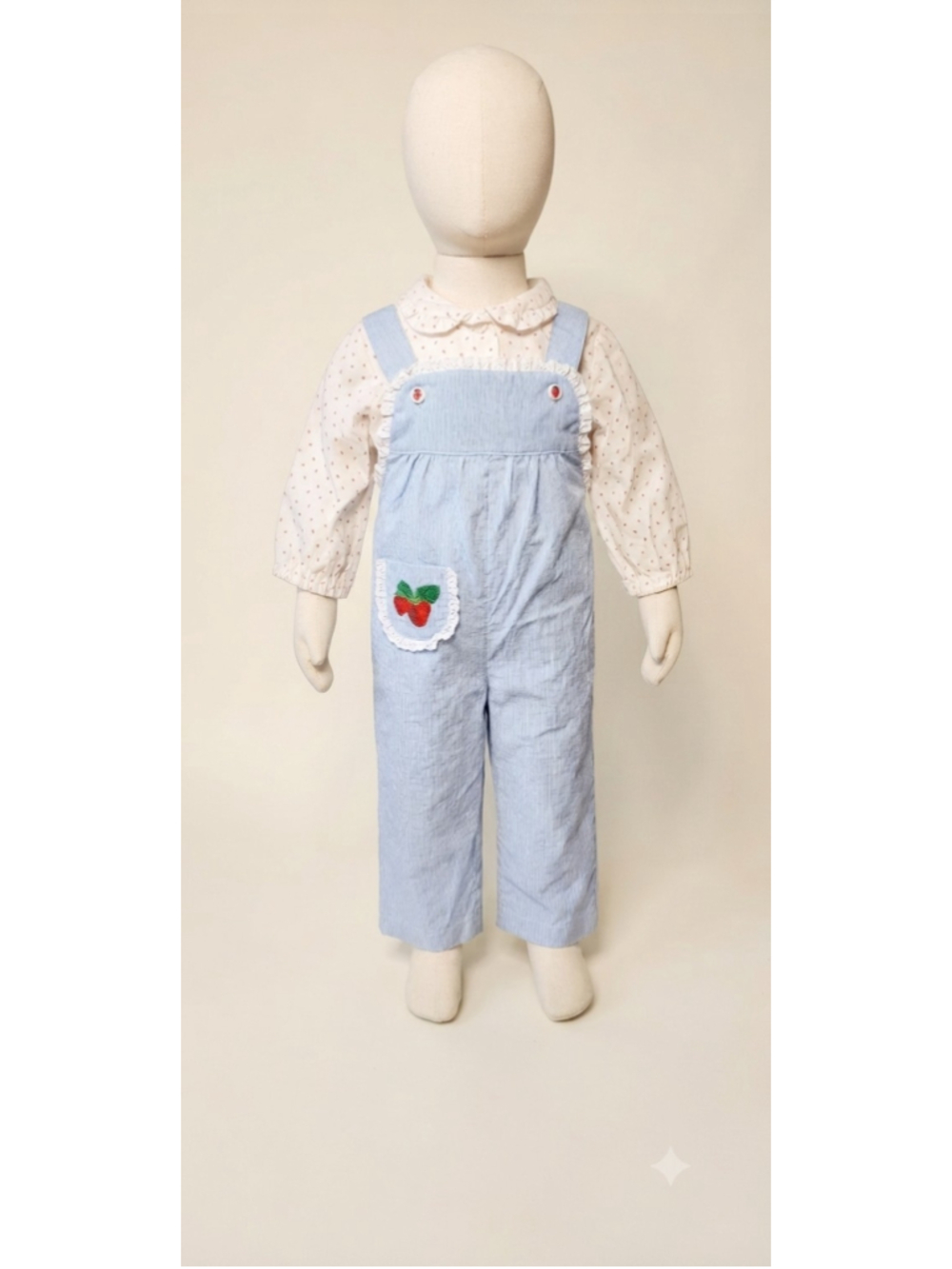 Rare Vintage Toddler Overalls & Shirt Set Blue Pinstripe Strawberry Embroidery